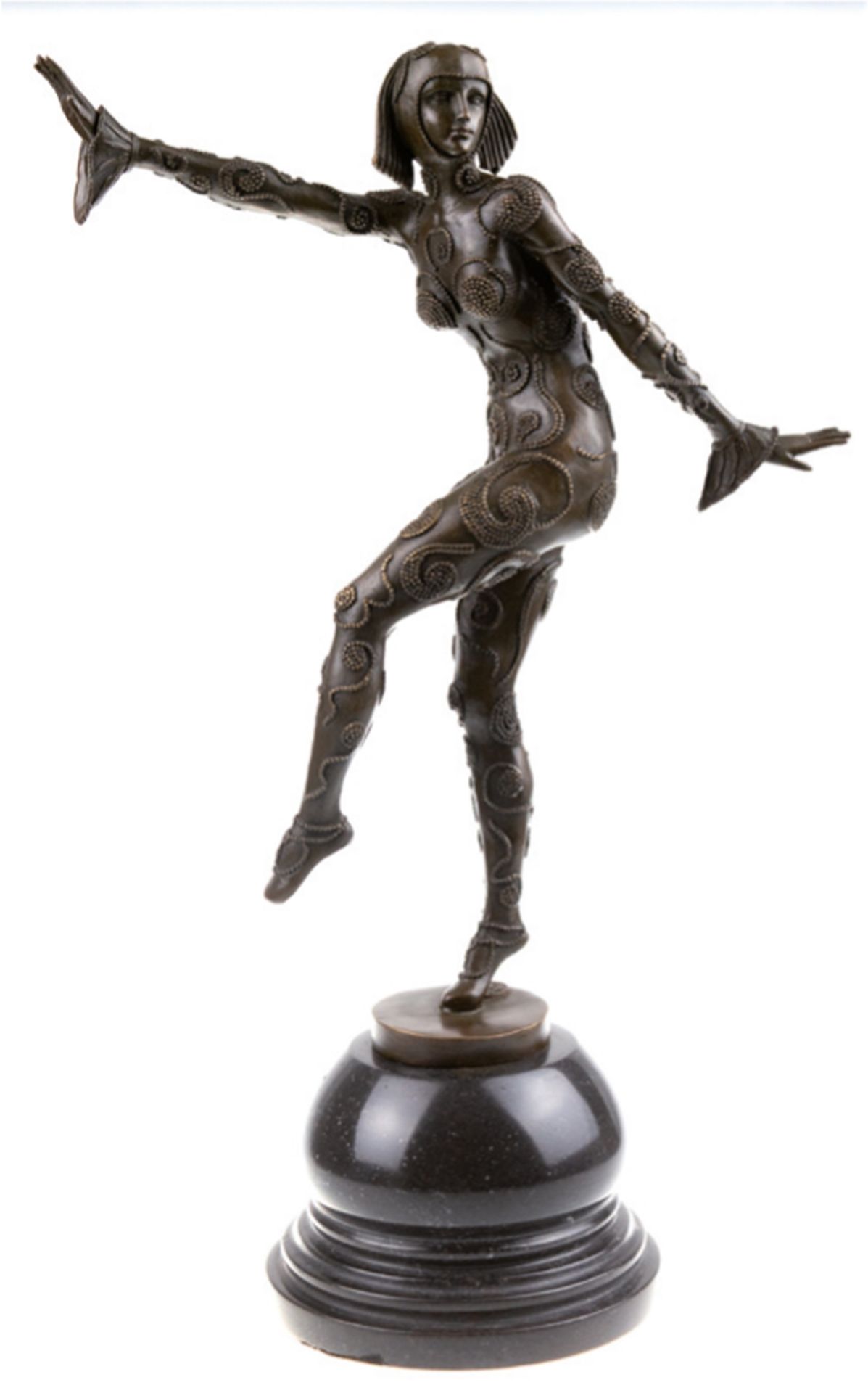 Bronze-Figur "Art Deco-Tänzerin", Nachguß 20. Jh., bez. "Chiparus", braun patiniert, Gießerplakette