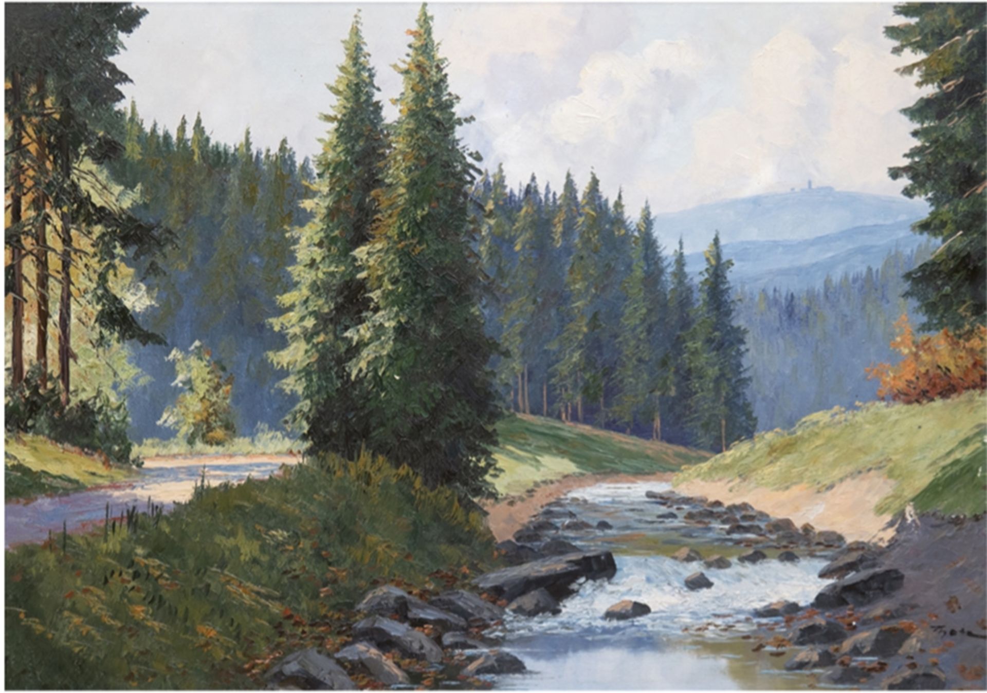 "Waldlandschaft mit Bachlauf", Öl/Lw., undeutl. sign. u.r., 1 kl. Hinterlegung, 61x80 cm, Rahmen