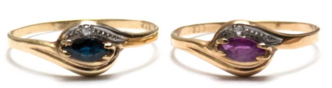 Zwei Ringe, 333er GG, einzeln oder zusammen tragbar oder als Vorsteckring, 1 x mit Saphir und Zirko