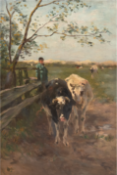 Schnitzler, Fritz (1851 Tönisheide-1920) "Bauer mit seinen Kühen", Öl/Lw. auf Mp. aufgezogen, unsig