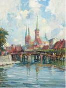 Hees, Adrian van (1924-2000) "Stadtansicht von Lübeck mit Blick auf Brücke", Öl/ Holz, sign. u.l, 7
