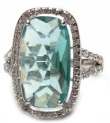 Ring, 925er Silber, rhodiniert, aquamarinfarbener Obsidian, Zirkonia im Brillantschliff, RG 52, Inn