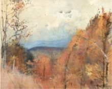 Landschaftsmaler "Blick auf Berge mit Bäumen im Vordergrund", Aquarell, undeutl. sign. u.r., 50,5x6