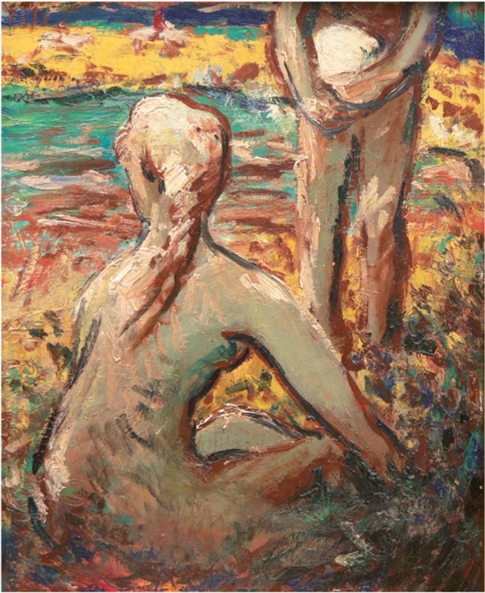 Künstler 20. Jh. "Figürliche Darstellung am Strand", Öl/Lw., unsign., 50x40,5 cm, Rahmen