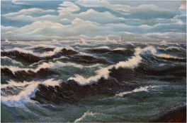 Marinemaler um 1900 "Meereswogen mit Segelschiff", Öl/Lw., unleserl. signiert u.r., 47x67 cm, Rahme