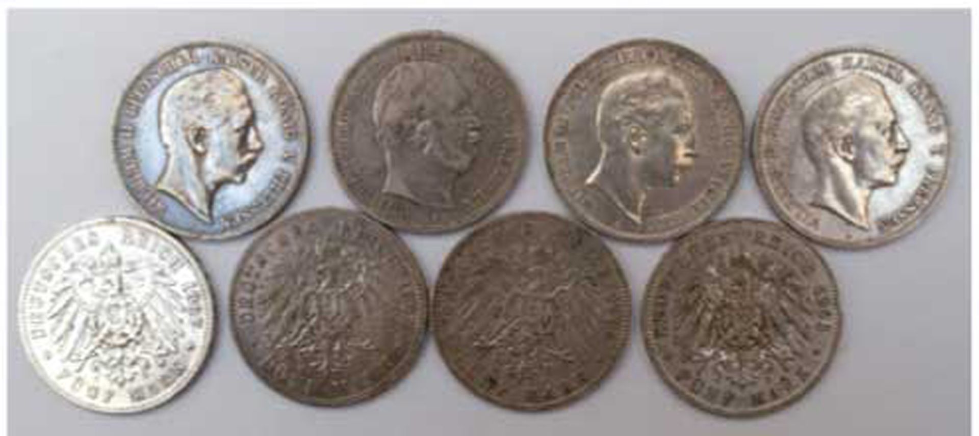 Konvolut Münzen, DR, 8x 5 M, Preussen, 1874, 1900, 1903, 1904 und 1907