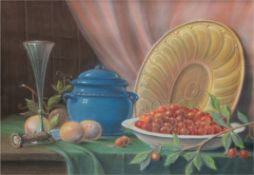 Maler des 20. Jh.  "Stilleben mit Kirschen, Sektglas, Topf und Messingplatte", Pastell, unsigniert 
