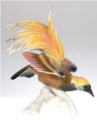 Porzellanfigur "Paradisvogel aus Astsockel", Karl Ens Volkstedt, polychrome Bemalung, unterseitig g