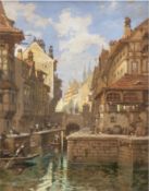 Janny, Georg (1864 Wien-1935 ebenda) "Stadtansicht mit pittoresken Häusern am Fluss", Gouache/Karto