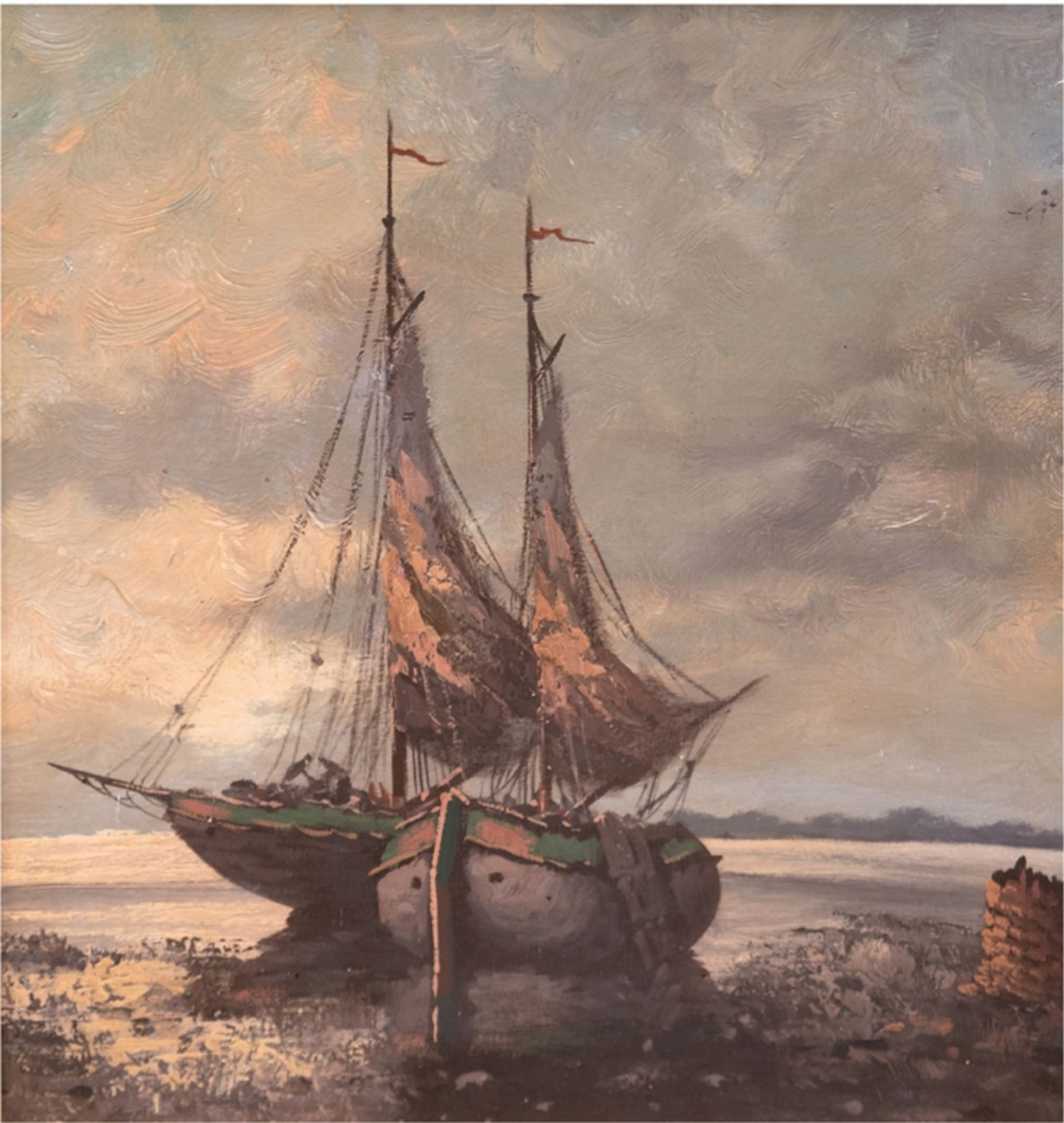 Marinemaler des 20. Jh. "Fischerboote am Ufer liegend", Öl/Hf., unsigniert, 45x38 cm, Rahmen