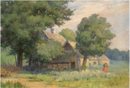 Worpsweder Impressionist "Moorhof mit Bäuerin", Öl/Lw., 3 kl. Hinterlegungen, monogr. "LvP" und dat