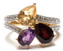 Ring, 925er Sterlingsilber, vergoldet, Ringkopf mit drei tropfenförmigen Edelsteinen, Citrin, Ameth