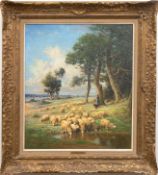 Clair, Charles (1860-1930) "Schafhirtin mit ihrer Herde in sommerlicher Auenlandschaft", Öl/Lw., si