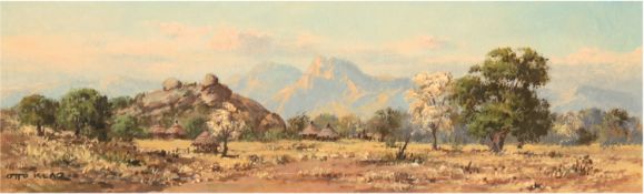 Klar, Otto (1908- 1994) "Landschaft Südafrika mit Rondavels", Öl/Hf., sign. u.l., 21x63 cm, Rahmen