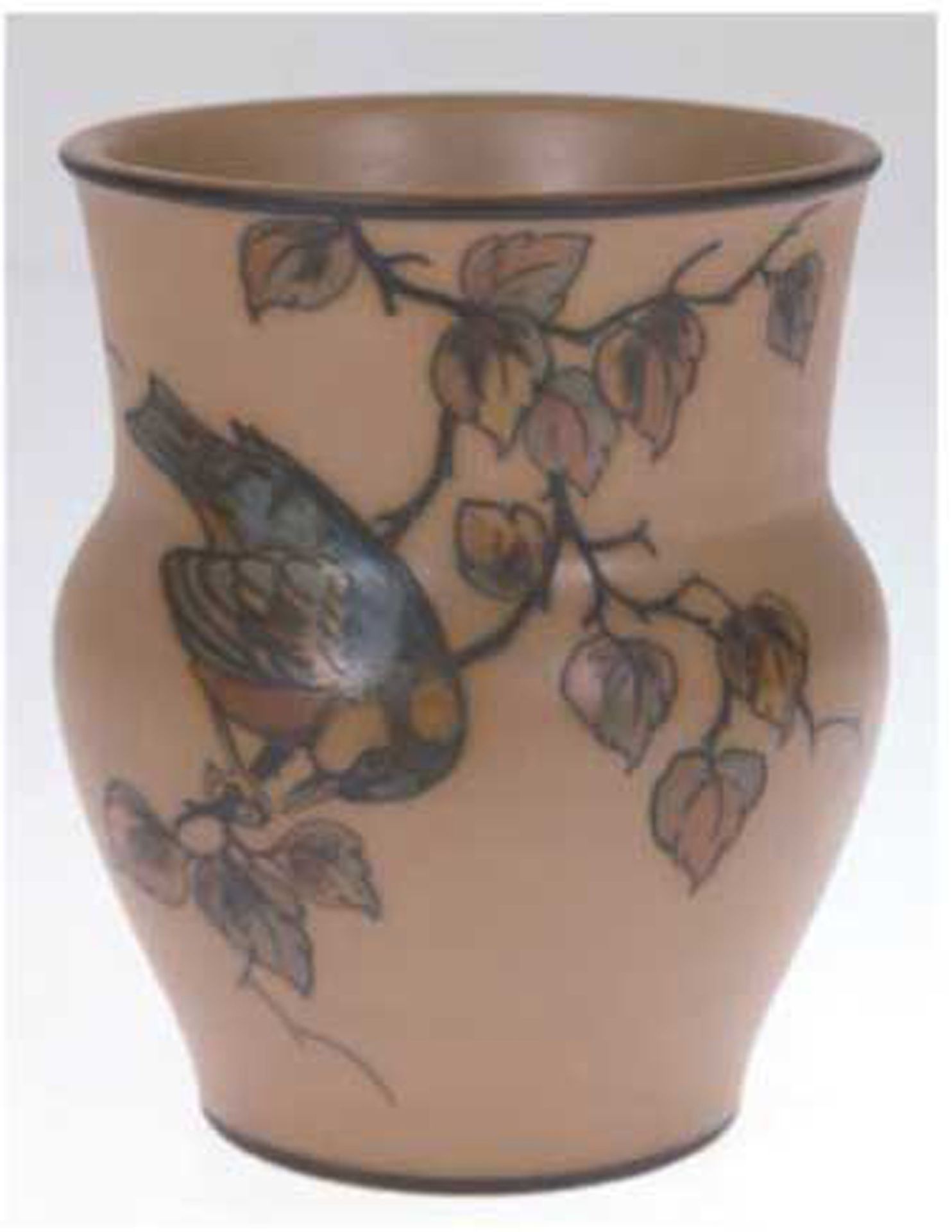 Keramik-Vase "Meise auf Ast", L. Hjorth, Bornholm, Floral-und Tiermalerei auf braunem Grund, unters