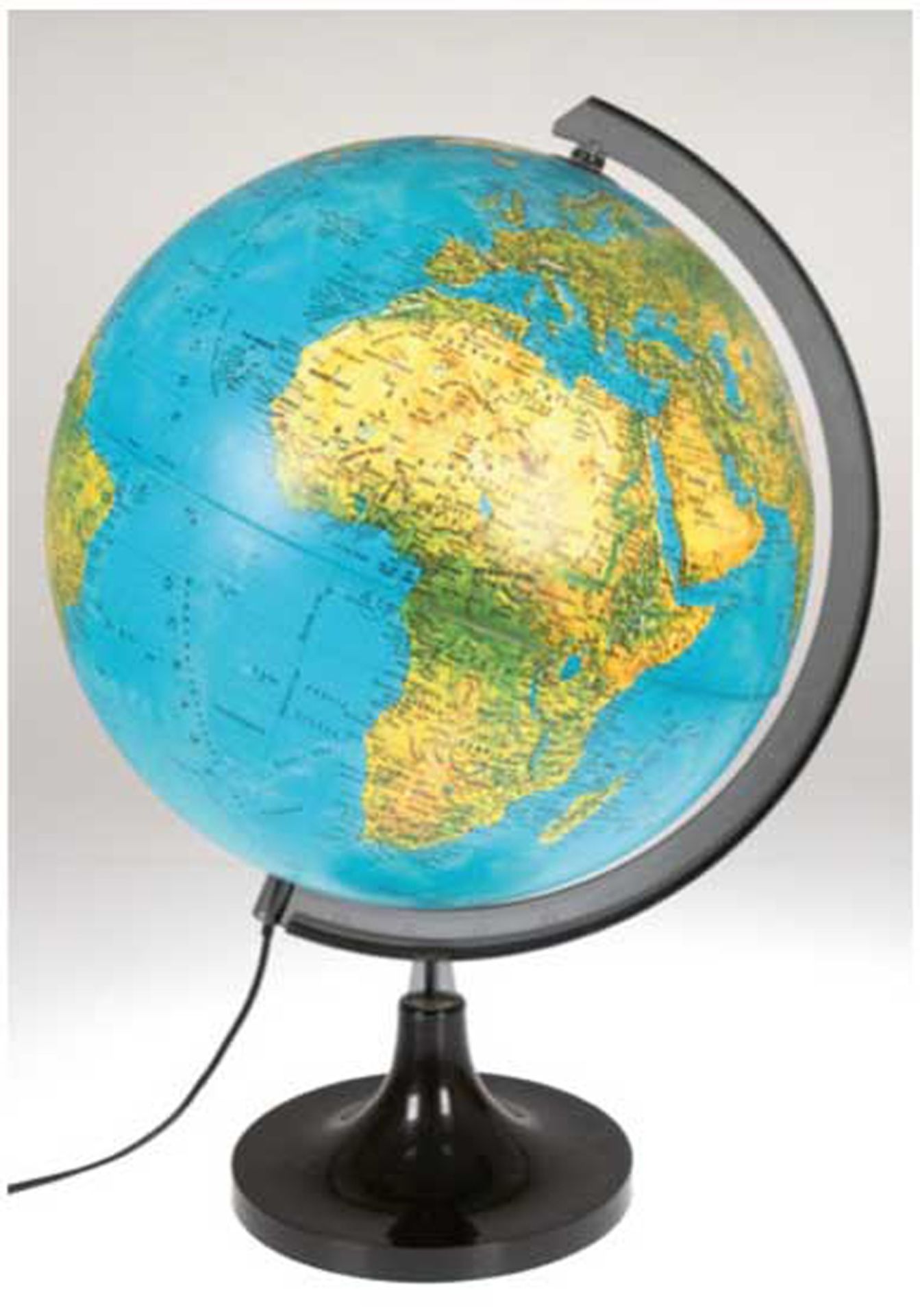 Beleuchteter Globus, um 1970, funktionstüchtig, auf schwarzen Plastikfuß, Gebrauchspuren, H. 55 cm