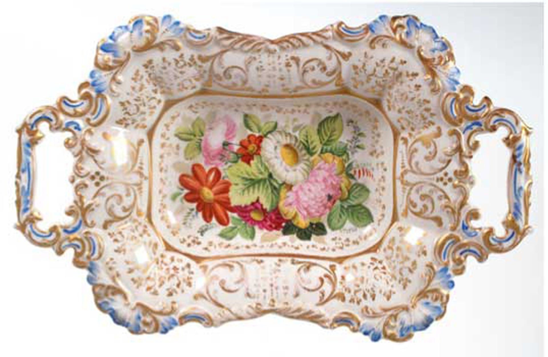 Biedermeier-Schale, Friedrich Adolph Schumann, Berlin, reiche Floral- und Goldmalerei, beidseitig r