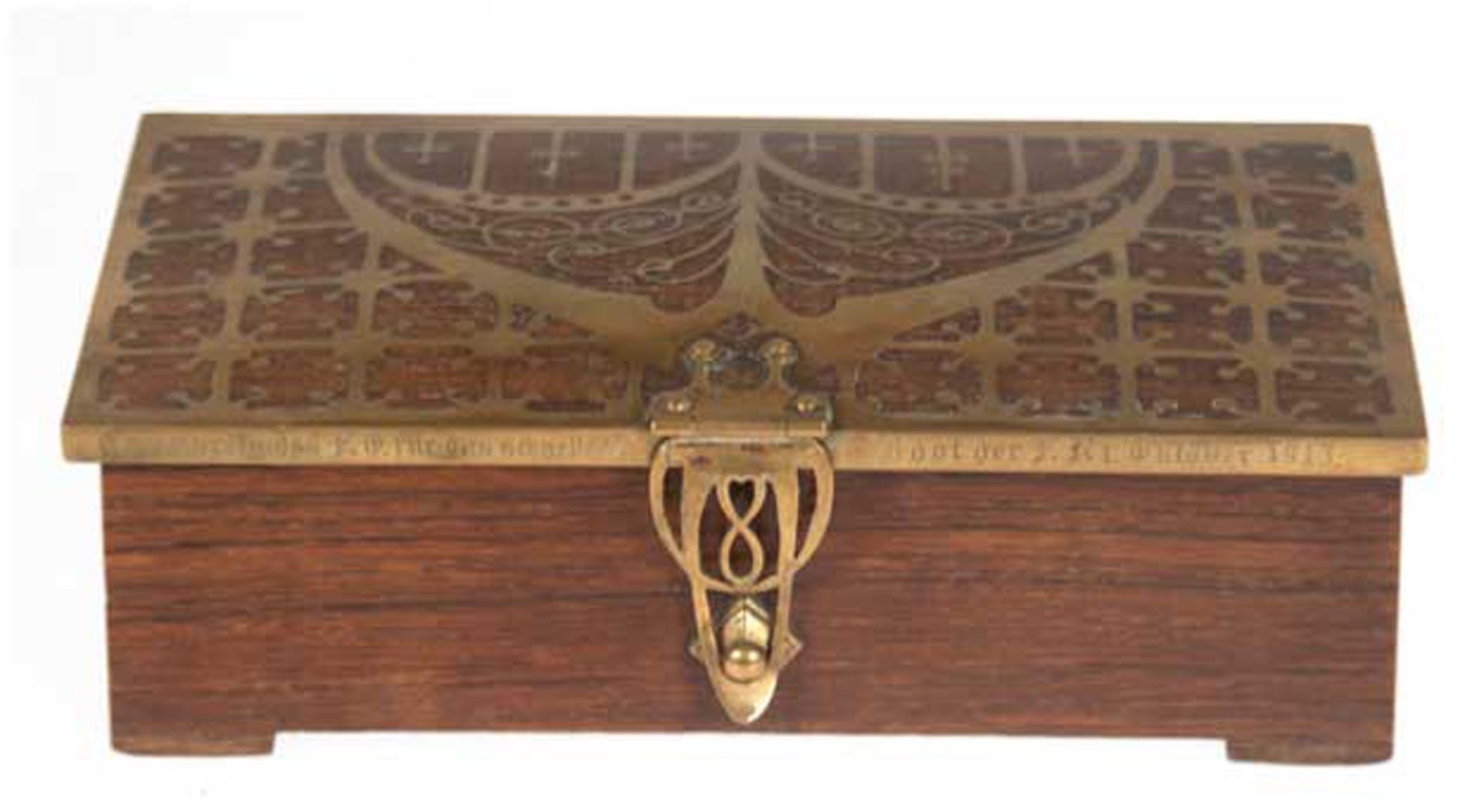 Deckeldose, Erhard & Söhne, Intarsia, Palisander mit reichen Messingeinlagen, frontseitig am Deckel