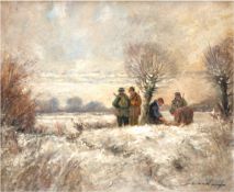 Weckauf, Heinrich (1885-1963) "Jagdgesellschaft in Winterlandschaft", Öl/Hf., sign. u.r., 20x24 cm,