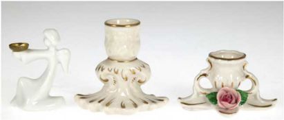3 kleine Kerzenständer, dabei 1x Thüringen und 1x Rosenthal, unterseitig gemarkt, 1x best., H. 5 cm