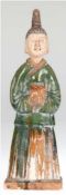 Terrakotta-Figur "Mönch mit Schale" China, wohl 19. Jh., teilweise farbig glasiert, aufsteckbarer K