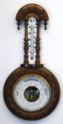 Gründerzeit-Barometer, Nußbaum, beschnitzt, C. Bachmann, Optiker Hamburg, Thermometer mit Quecksilb