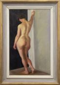 Maler des 20. Jh. "Stehender weiblicher Rückenakt sich an Wand lehnend", Öl/Mp., unsigniert, 54x33 