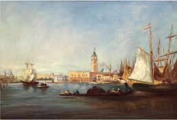 Maler des 19./20. Jh. "Segelschiffe und Gondoliere vor Venedig", Öl/Lw., unsigniert, 42x58 cm, Rahm