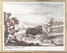 Rugendas d. Jüngere, Georg Philipp (1701-1774) "Von Hunden gejagter Stier", Feder und braune Tinte,