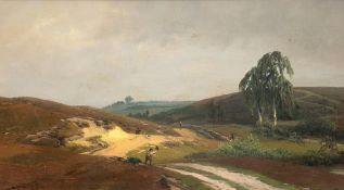 Maler des 19. Jh. "Jäger mit Hunden und Treibern in hügeliger Landschaft", Öl/Lw., unsigniert, 26x4