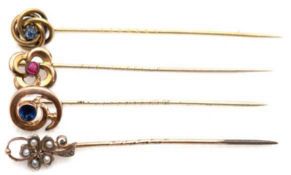 Konvolut Reverse-Nadeln,  Golddouble, um 1900, verschiedene Schmucksteine bzw. Perlen