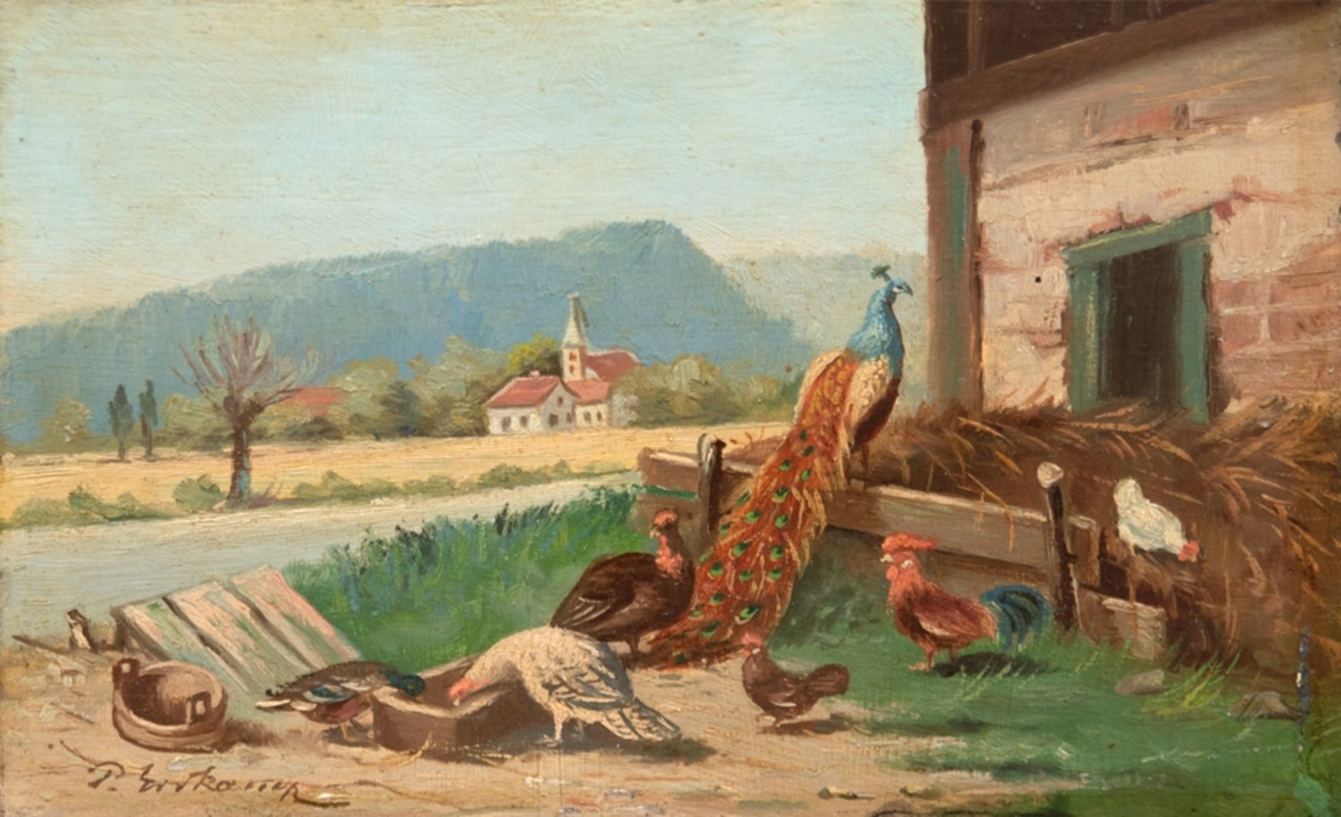 Erdkamp, P. (20. Jh.) "Bauernhof mit Federvieh", Öl/SH., signiert u.l., 16x23 cm