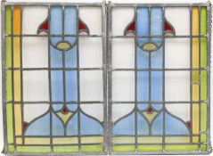 2 Fensterbilder, Bleiglas, farbiges, strukturiertes Glas, 4 Scheiben gerissen, 45x31 cm