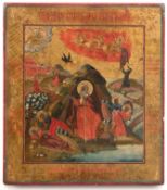Ikone "Die feurige Himmelfahrt des Propheten Elias", Bauernpatron, Rußland 19. Jh., Eitempera/Goldg