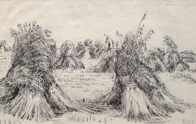 Hamisch, Hainz (1908-1997) "Kornhocken", Federzeichnung, unsign., 19,5x29 cm, im Passepartout hinte