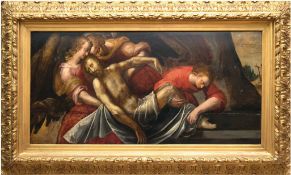 Flämischer Meister um 1600 "Wehklagen über den Tod Jesus Christus", Öl/Holz, unsign., 57x120 cm, im