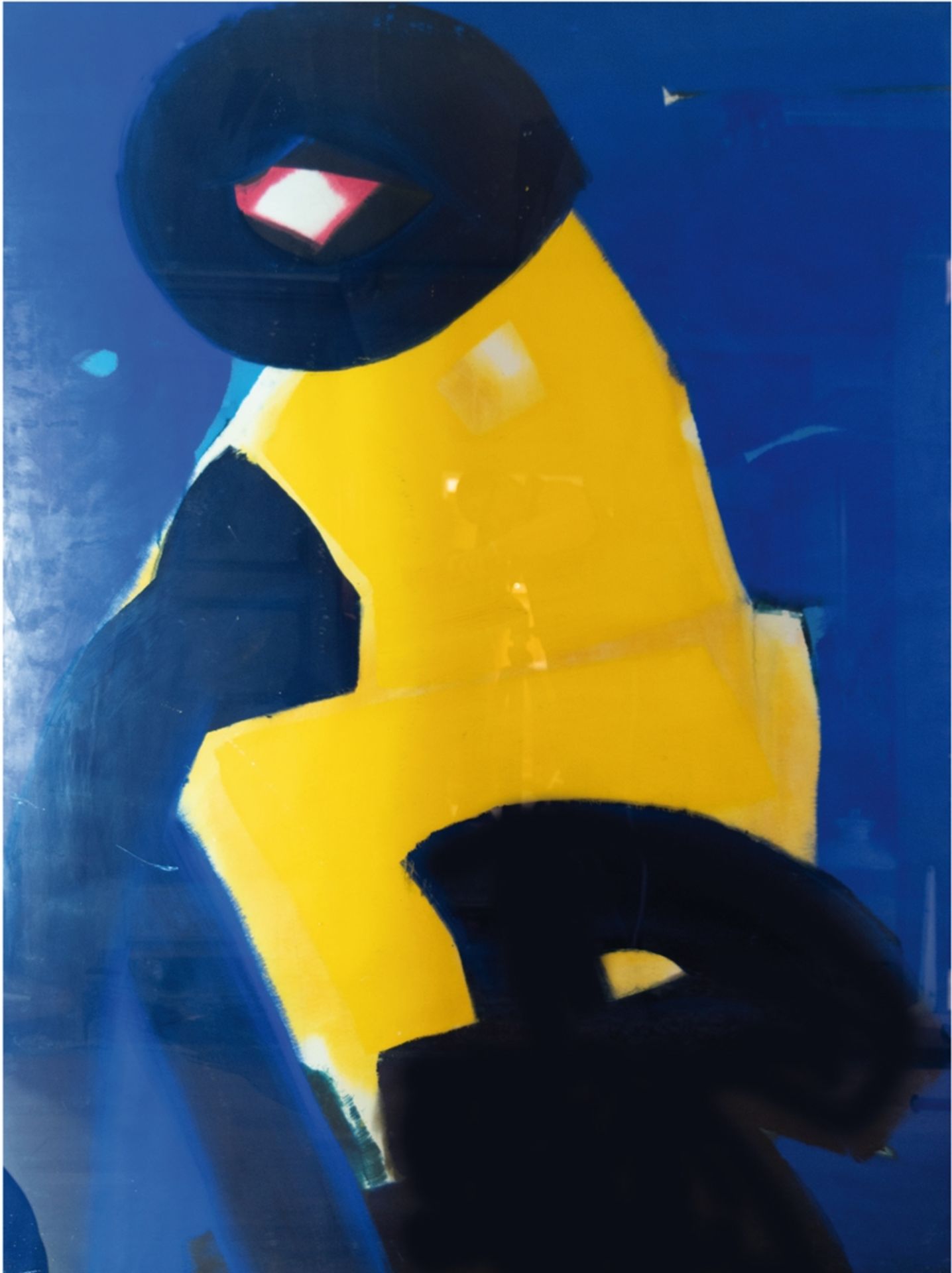 Maler des 20. Jh. "Moderne Abstraktion in Blau, Gelb, Schwarz und Rot", Öl/Papier, unsigniert, hint