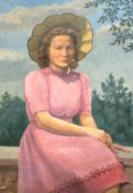 Hermann, Heinrich Gustav (1854- ?) "Junge Frau im rosa Kleid mit Sonnenhut auf Mauer sitzend", Öl/L