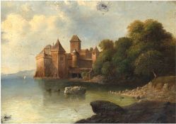 Romantiker 19. Jh. "Burg am Seeufer", Öl/Lw., unsigniert, ohne Keilrahmen, Farbfehlstellen und Craq