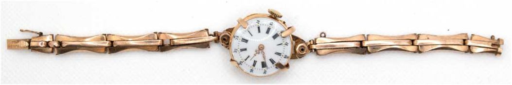 Damen-Taschenuhr als Armbanduhr, um 1900, 18 k GG, emailliertes Ziffernblatt mit römischen und arab