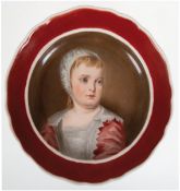 Meissen-Teller, 19. Jh., im Spiegel gemaltes Mädchenporträt, rotbraune Fahne, 2. Wahl, Dm. 19,5 cm