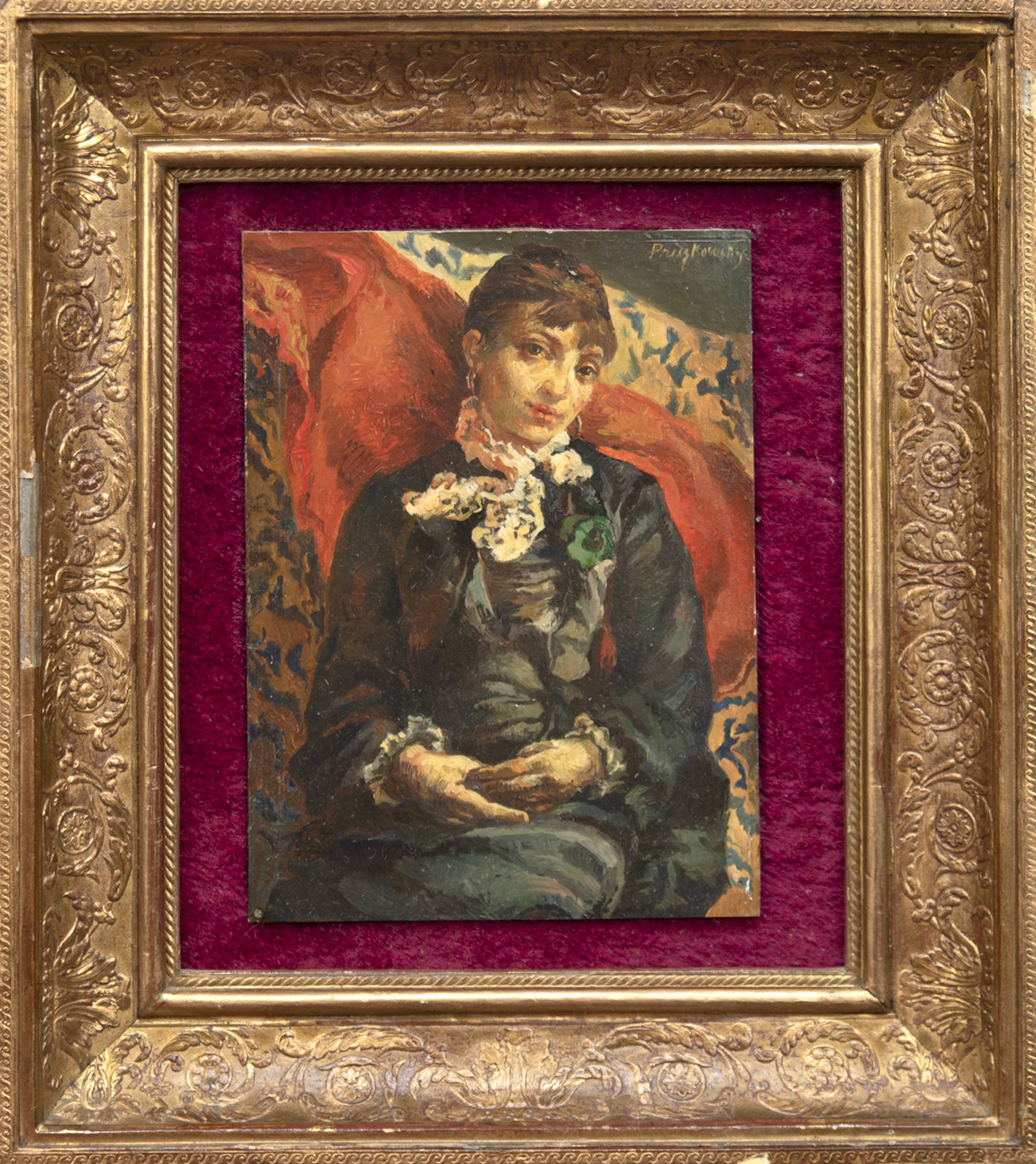 Pruszkowsky "Porträt einer jungen Frau", Öl/Mp., sign. o.r., 13x10 cm, Rahmen