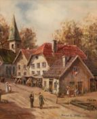 Fierenkothen, Klaus H. (1926-?) "Kleinstadtleben mit Kirche, Markt und Personen", Öl/Lw. sign. u.r.