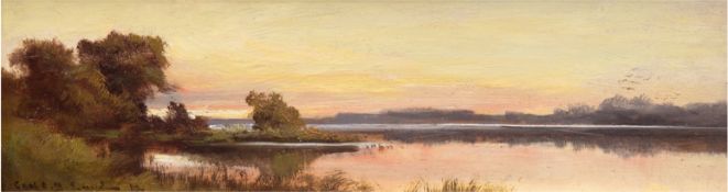Maler Anfang 20. Jh.,"Seenlandschaft im Abendlicht", Öl/H., unleserl. sign. u. dat. (19)12 u.l., 13