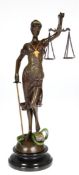 Bronze-Figur "Justitia", Nachguß, braun patiniert und z.T. farbig gefaßt, bezeichnet "Mayer", Wiene