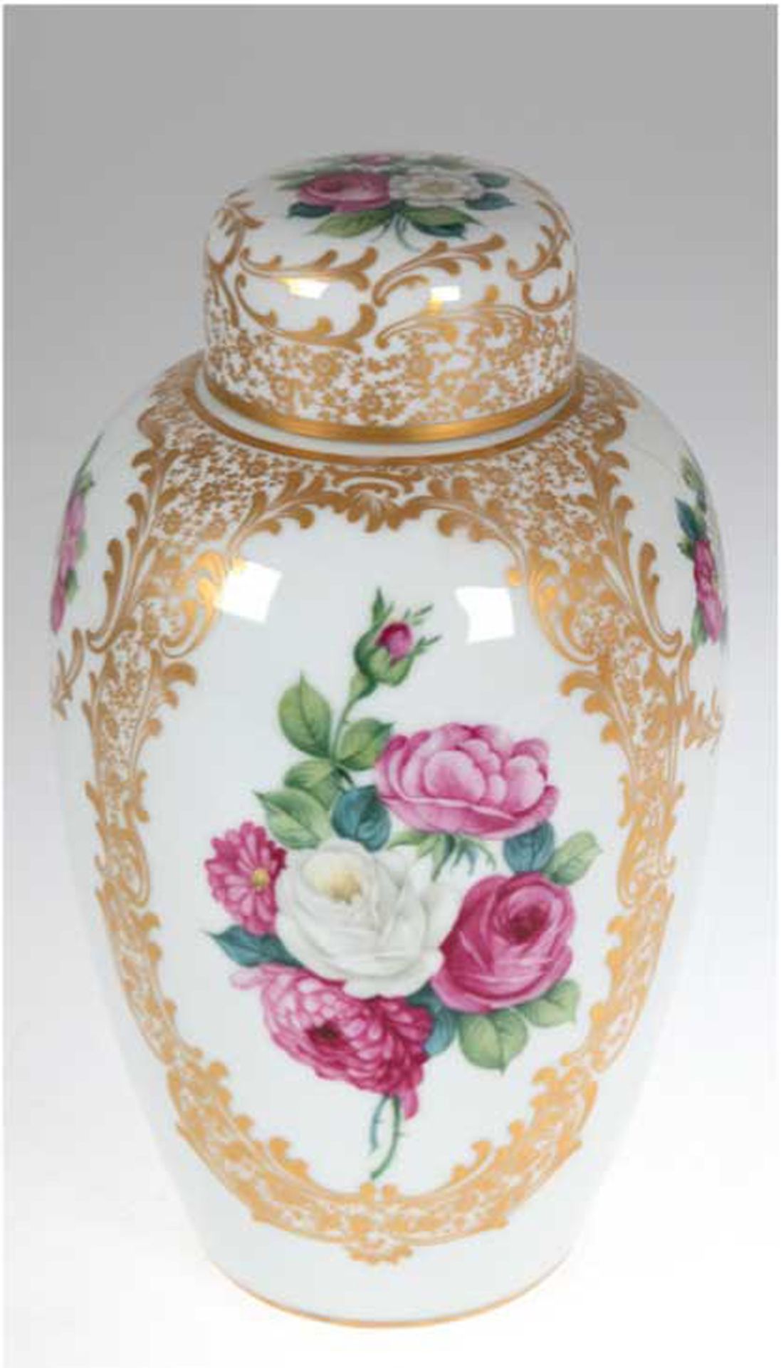 Deckelvase, Rosenthal Kunstabt., gebaucht, polychrome Floralmalerei in goldgerahmten Kartuschen, si