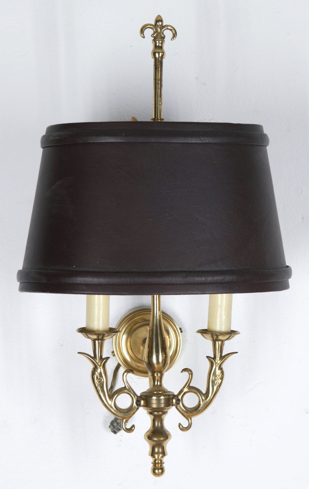 Wandlampe, Messing, 2-flammig, höhenverstellbarer brauner Kunstlederschirm, 50x30x25 cm