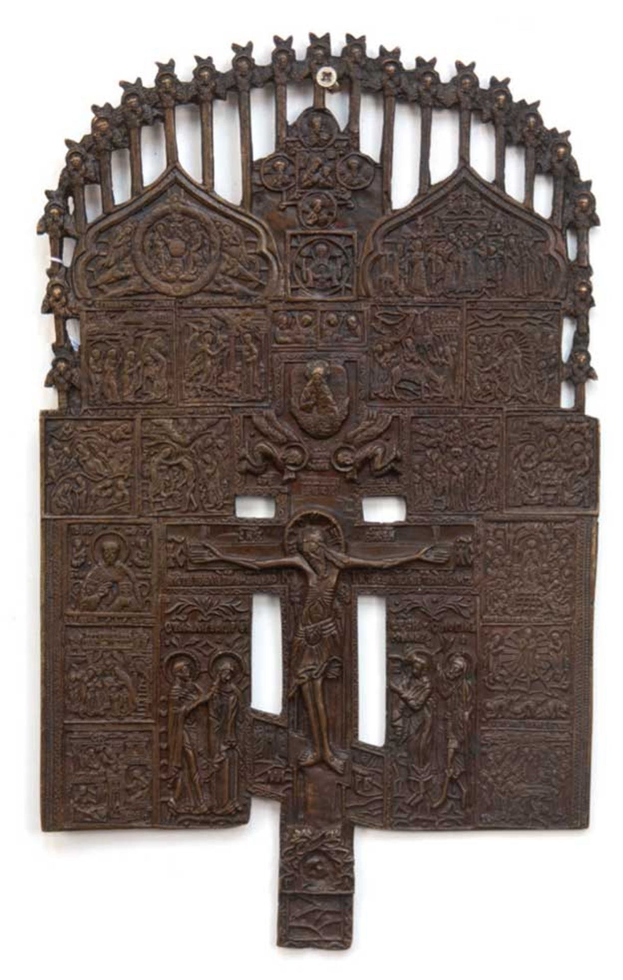Hauskreuz, Patriarchenkreuz, Rußland 19. Jh., Bronze, reiche reliefierte Sakral- und Heiligendarste