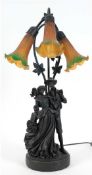 Tischlampe im Jugendstil, Ende 20. Jh., figürlich, mit 3 Glockenschirmen, H. 67 cm