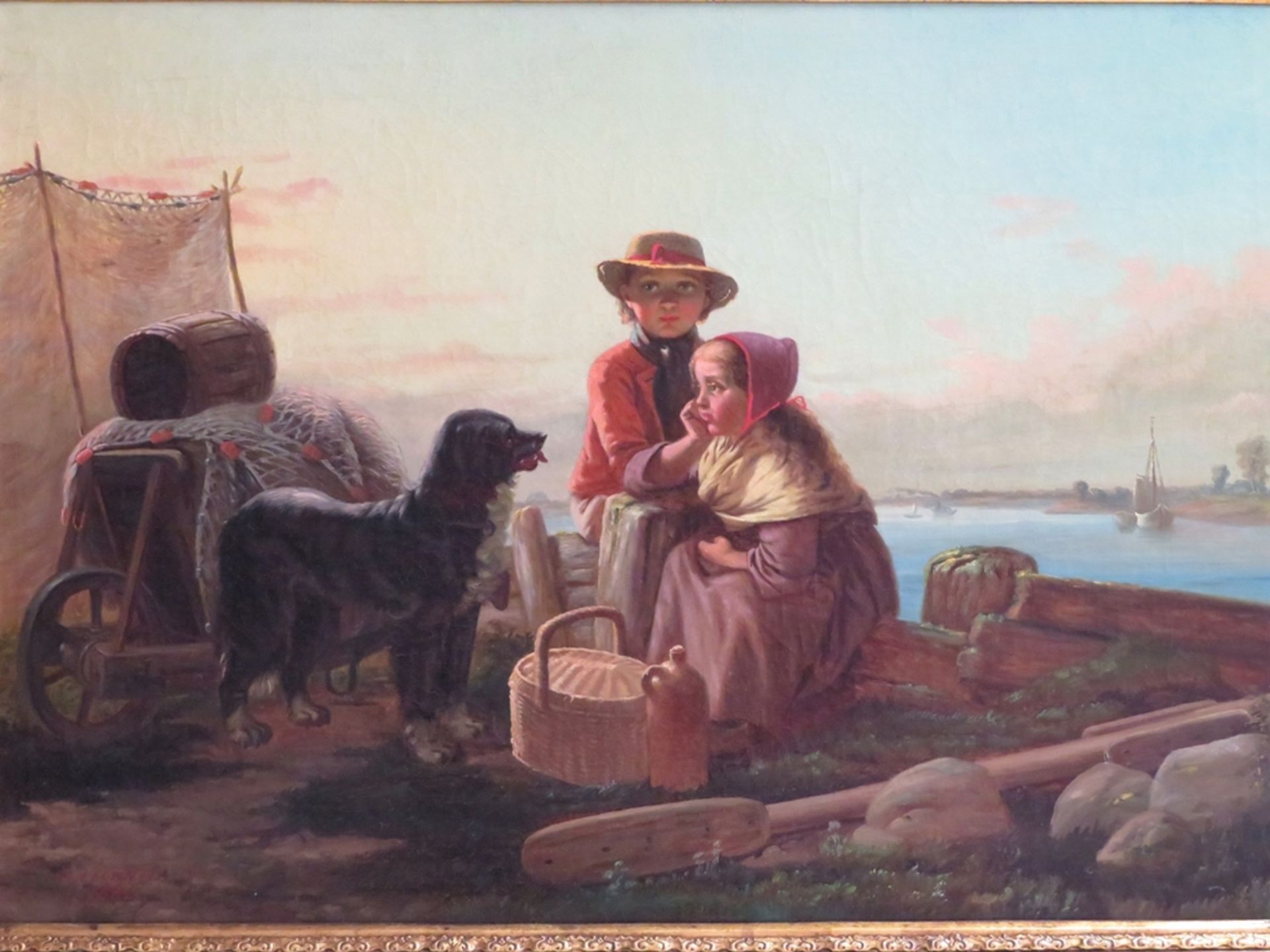 Lachnit, H., "Zwei Kinder und Hund am Hafen", li.u.sign., Öl/Leinwand, doublier - Bild 2 aus 3